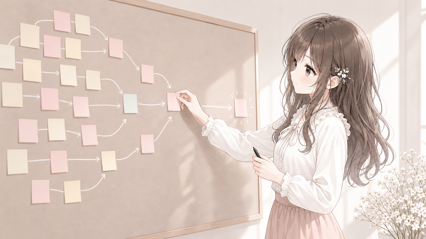 壁の付箋を並べ替えて記事テーマを整理する白石琴葉