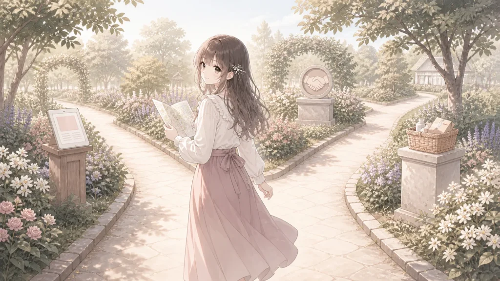 屋外の分かれ道で、記事の目的に合う三つの収益方法を考える白石琴葉のイラスト