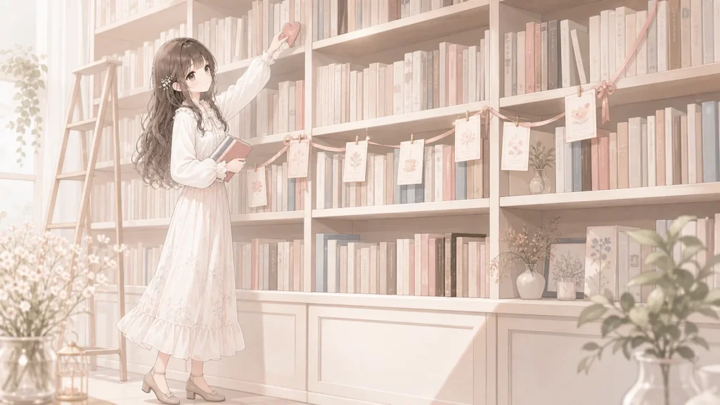 本棚の前に立ち、記事カードをつなぎながら読み進める道を整える白石琴葉のイラスト