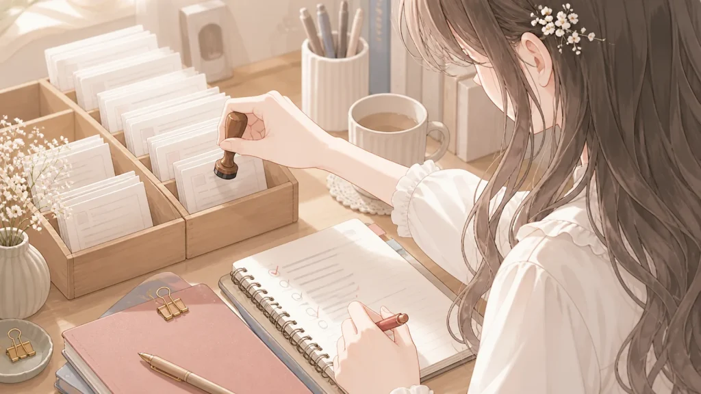 繰り返し作業を道具で整えながら、ノートに書いた記事の内容を自分の目で確認する白石琴葉のイラスト