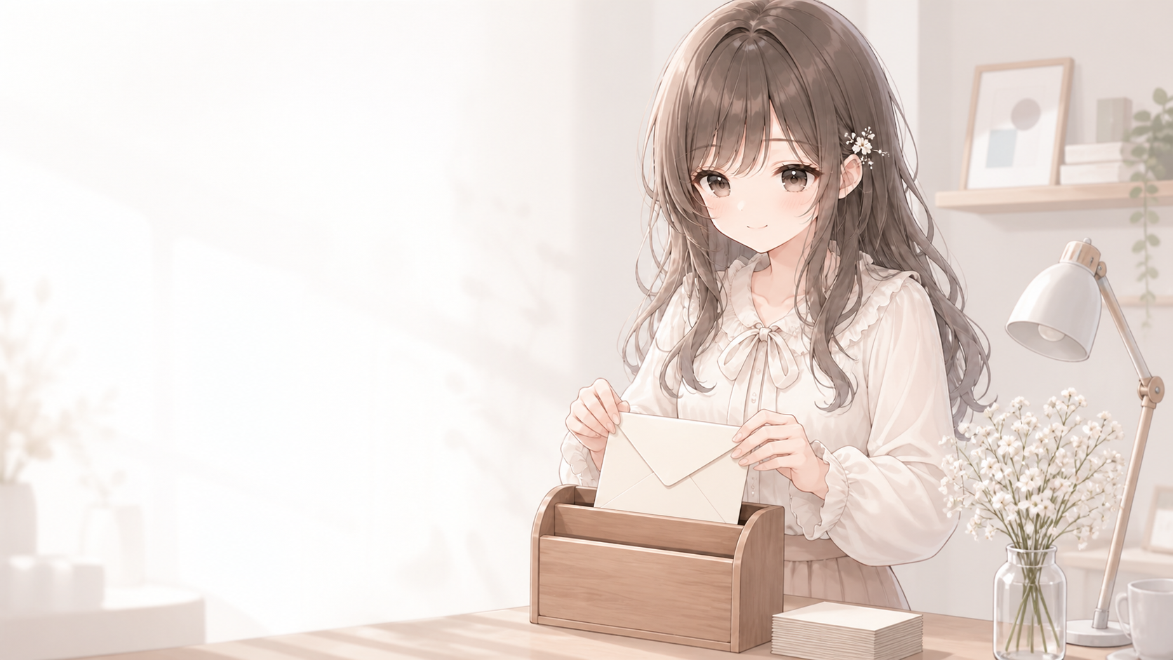 メルマガの案内を封筒に整える白石琴葉