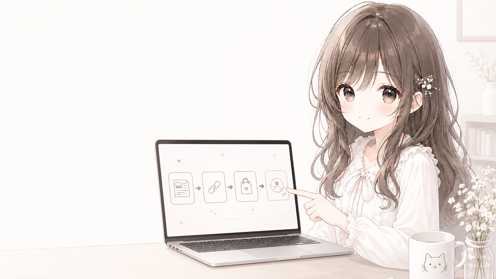 商品紹介から成果確認までの流れを案内する白石琴葉