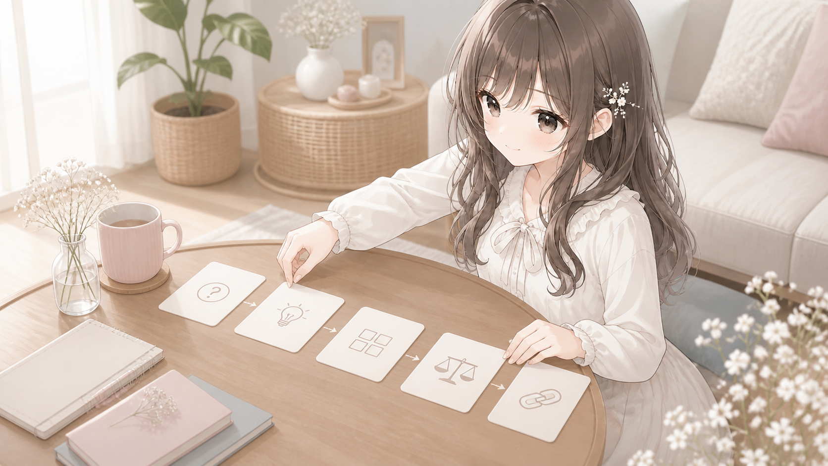 商品紹介記事の流れをカードで組み立てる白石琴葉
