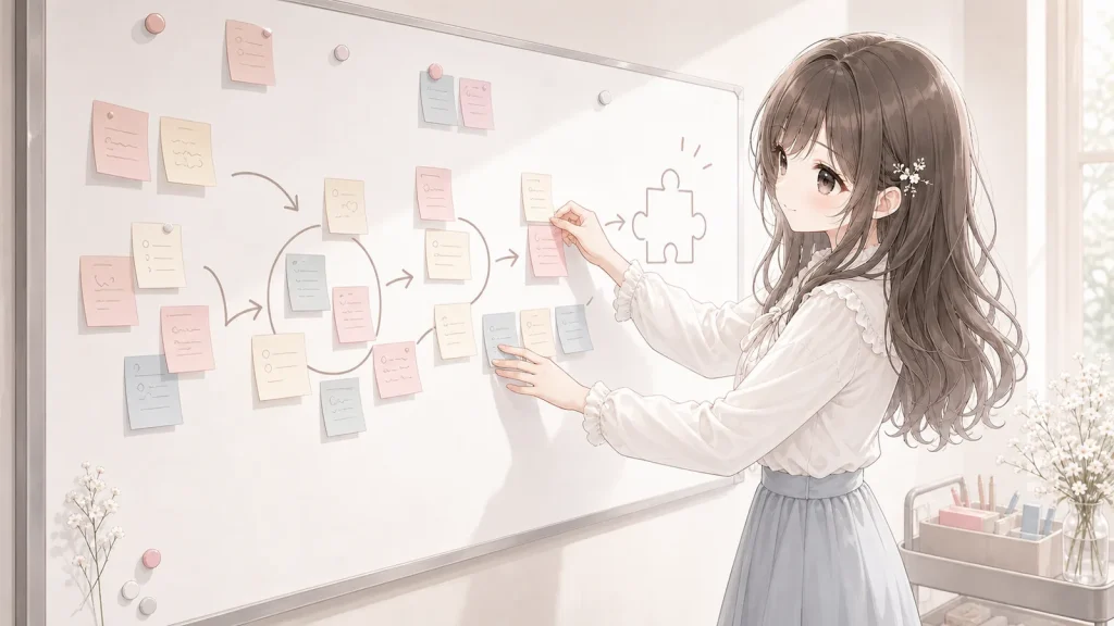 ホワイトボードの前に立ち、付箋を整理して小さな面倒をツール案へ組み立てる白石琴葉のイラスト