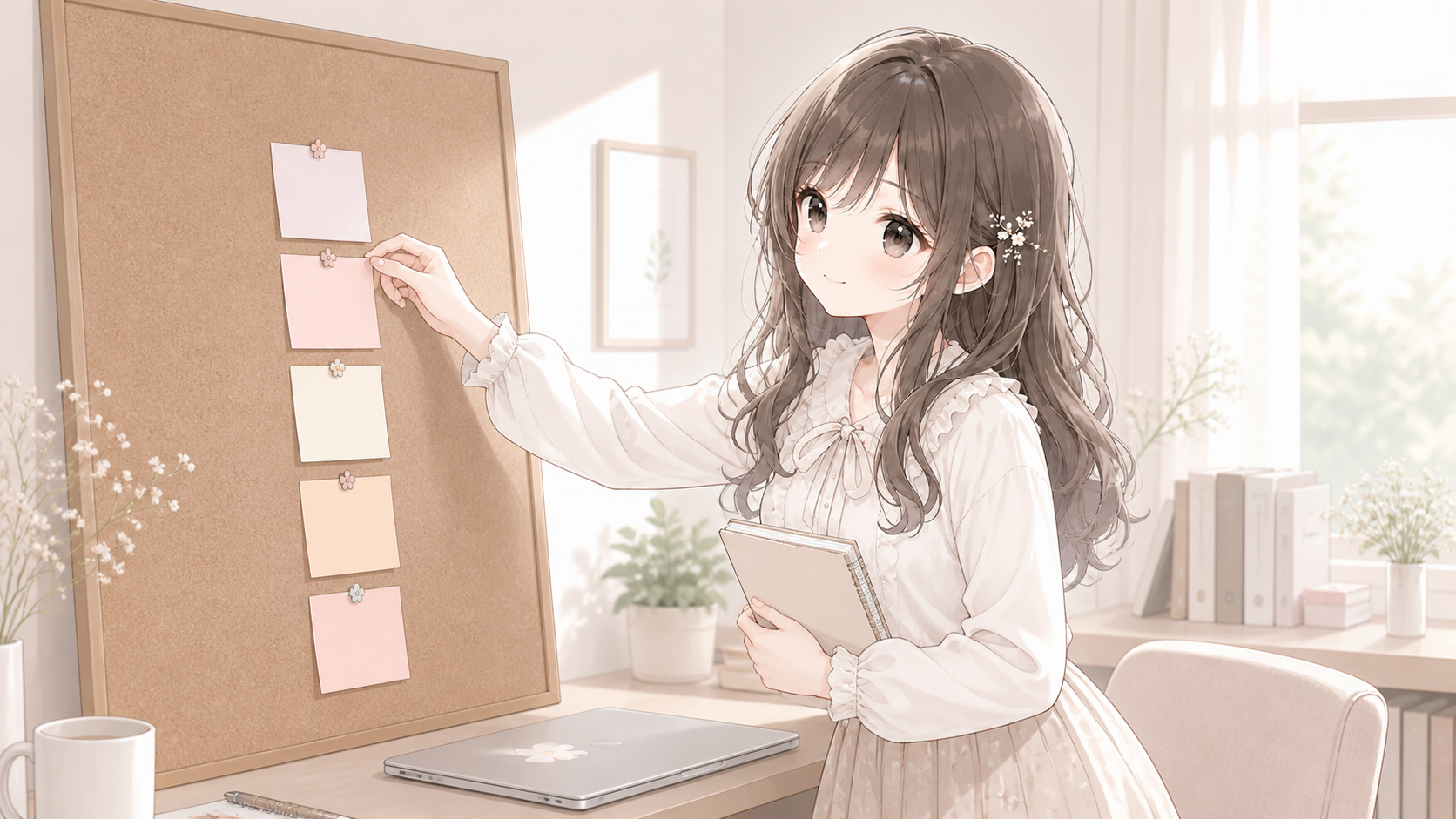 ノートを開いてブログ記事の構成を考える白石琴葉のイラスト
