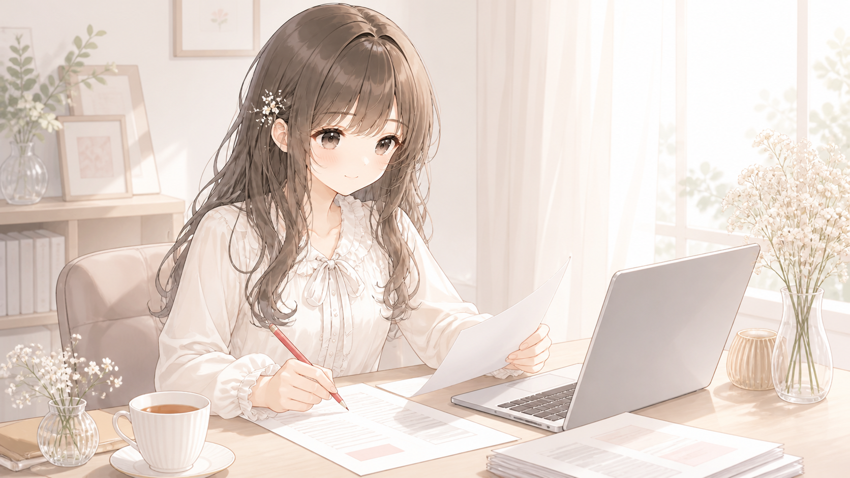 下書きを見直して文章を整える白石琴葉のイラスト