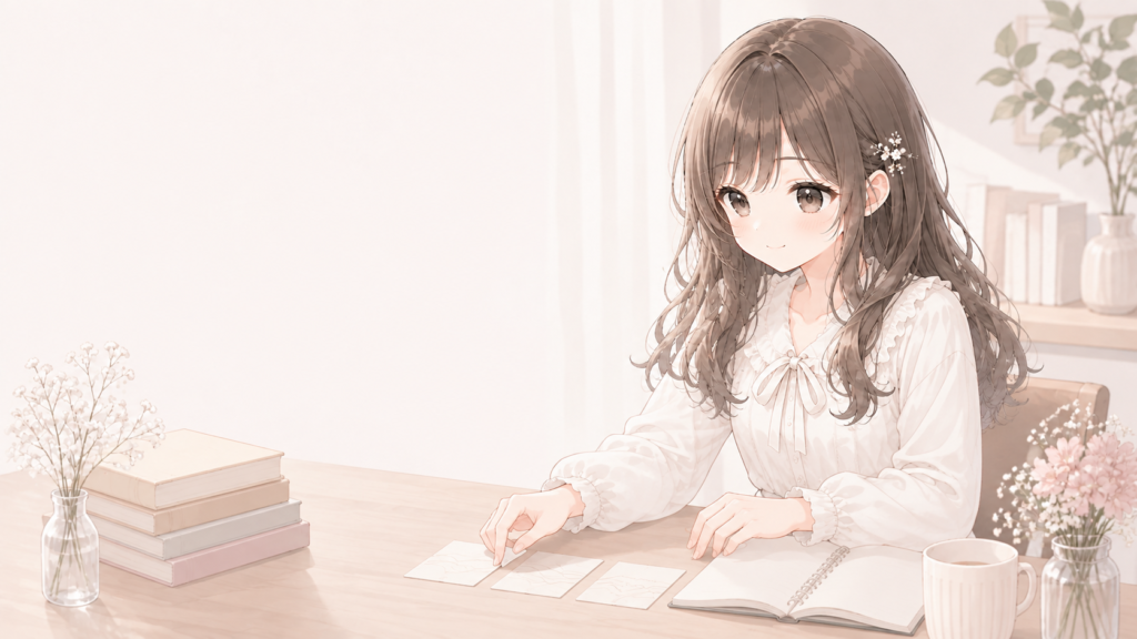 ノートカードを並べて次の記事のテーマを考える白石琴葉