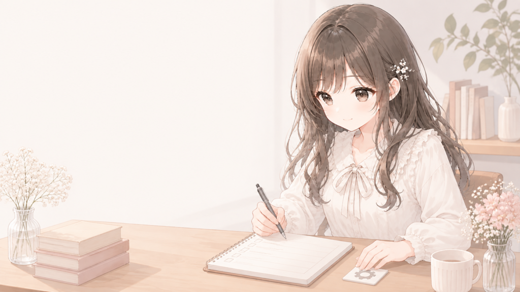 ノートに確認項目を書きながら無料ツールを選ぶ白石琴葉
